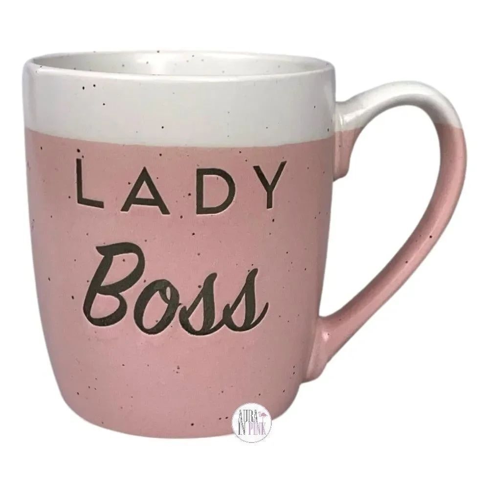 Sheffield Home “Lady Boss,” Pink & White Ceramic Mug w/Gray Lettering & Speckles